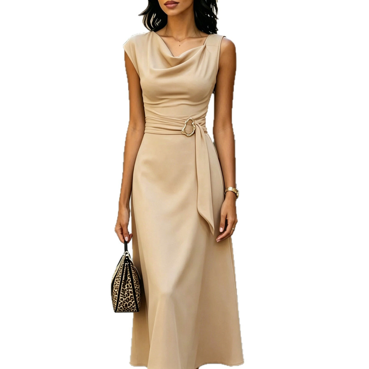 Elegant Asymmetrical Tie-Waist A-Line Dress