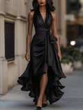 Satin V Neck Sleeveless Ruffled Dress