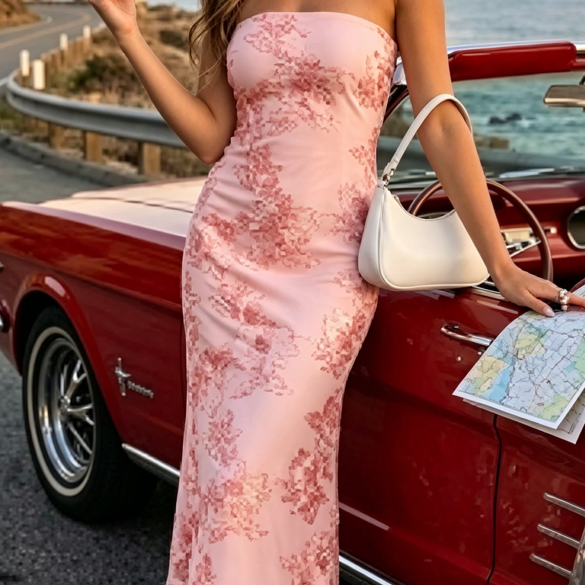 Womens Floral Strapless Midi Dress