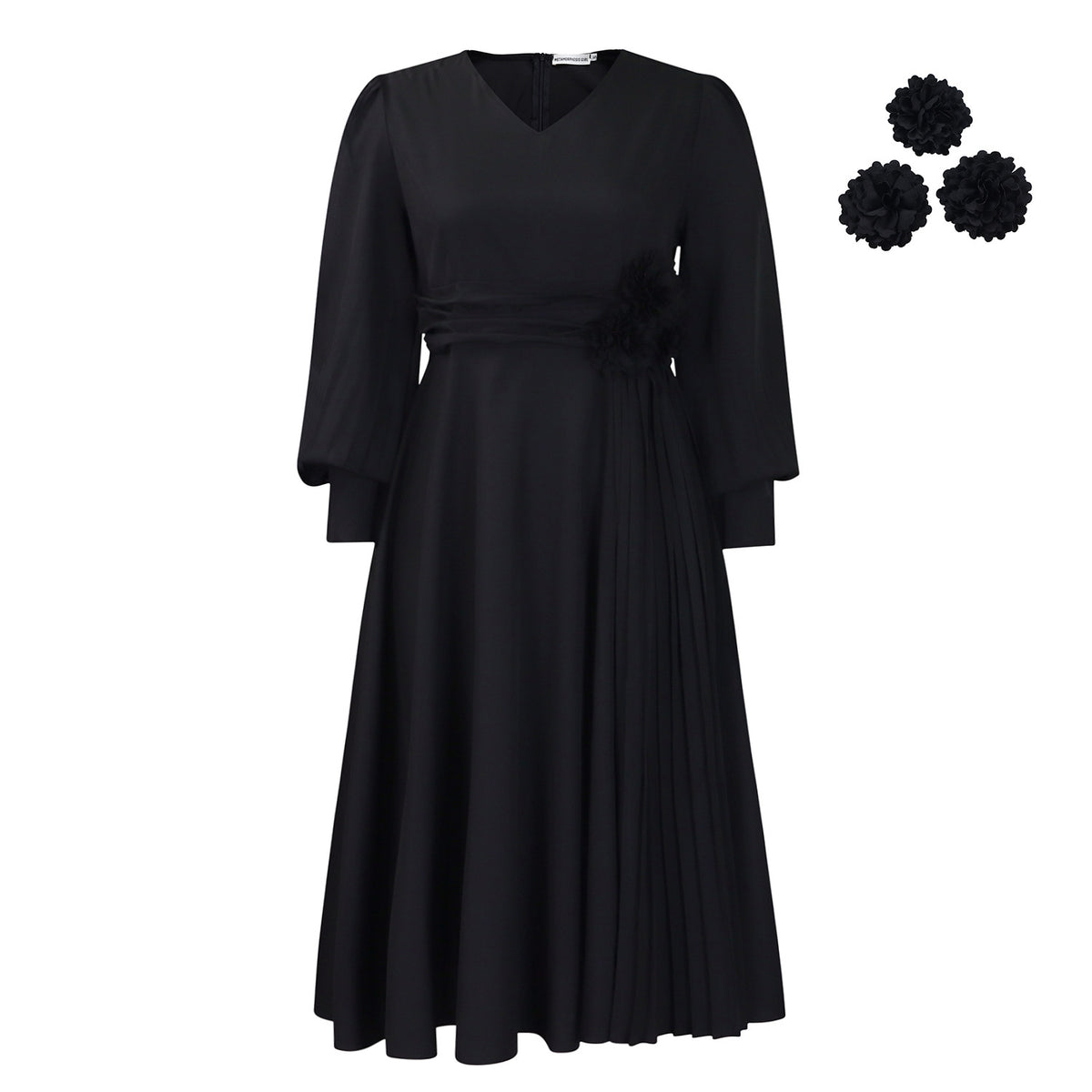 Elegant A-Line Midi Dress with Lantern Sleeves