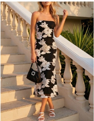 Womens Floral Strapless Midi Dress