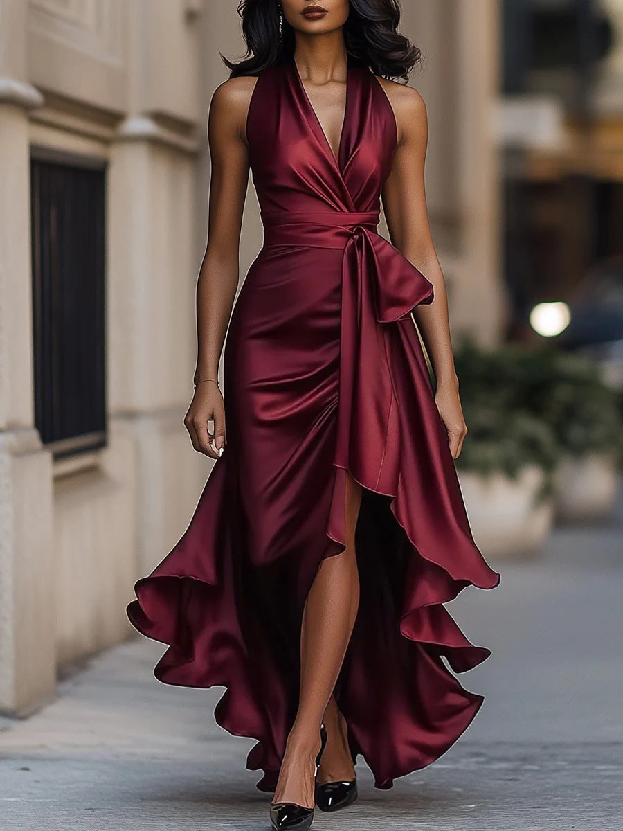 Satin V Neck Sleeveless Ruffled Dress