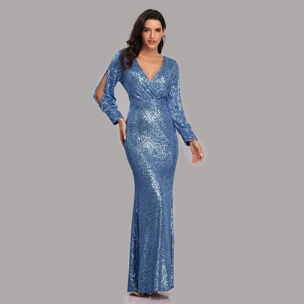 Long-sleeved V-neck sequined fishtail dress