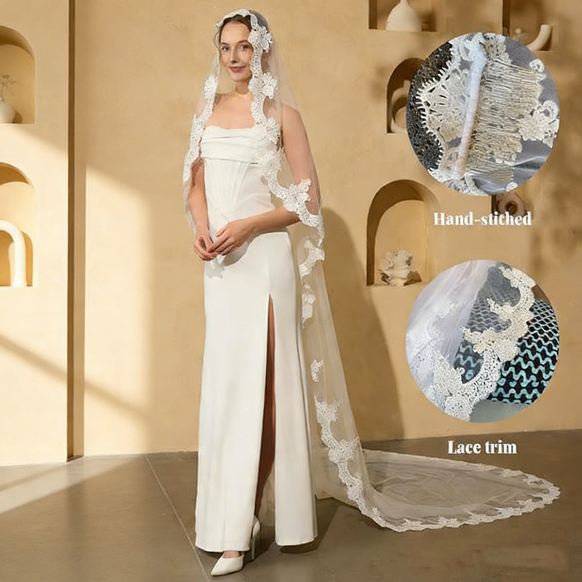 Long Single Layer Bridal Veil with Lace Trim