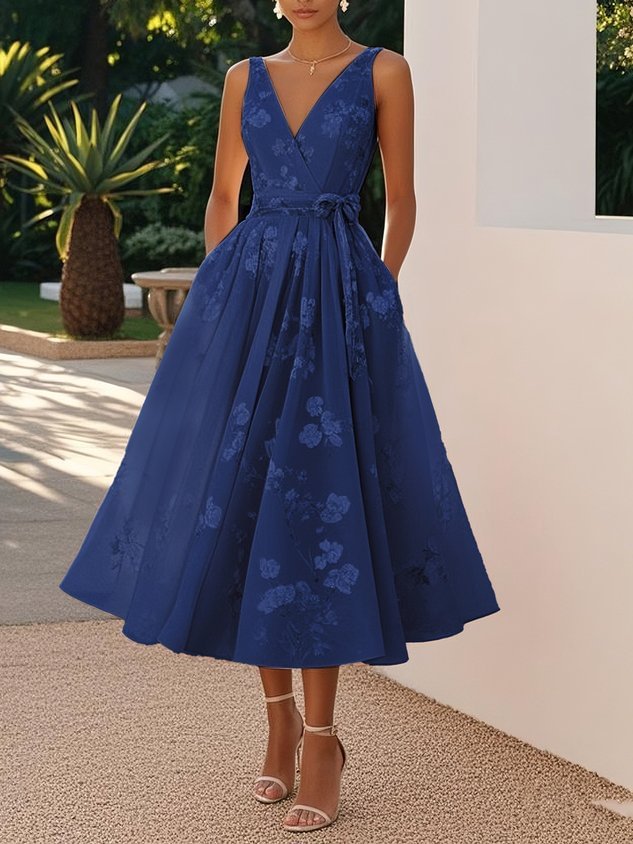 Sleeveless V-Neck Digital Print Evening Gown