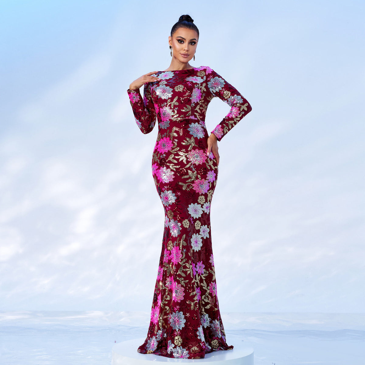 Elegant Sequin Long Sleeve Evening Dress