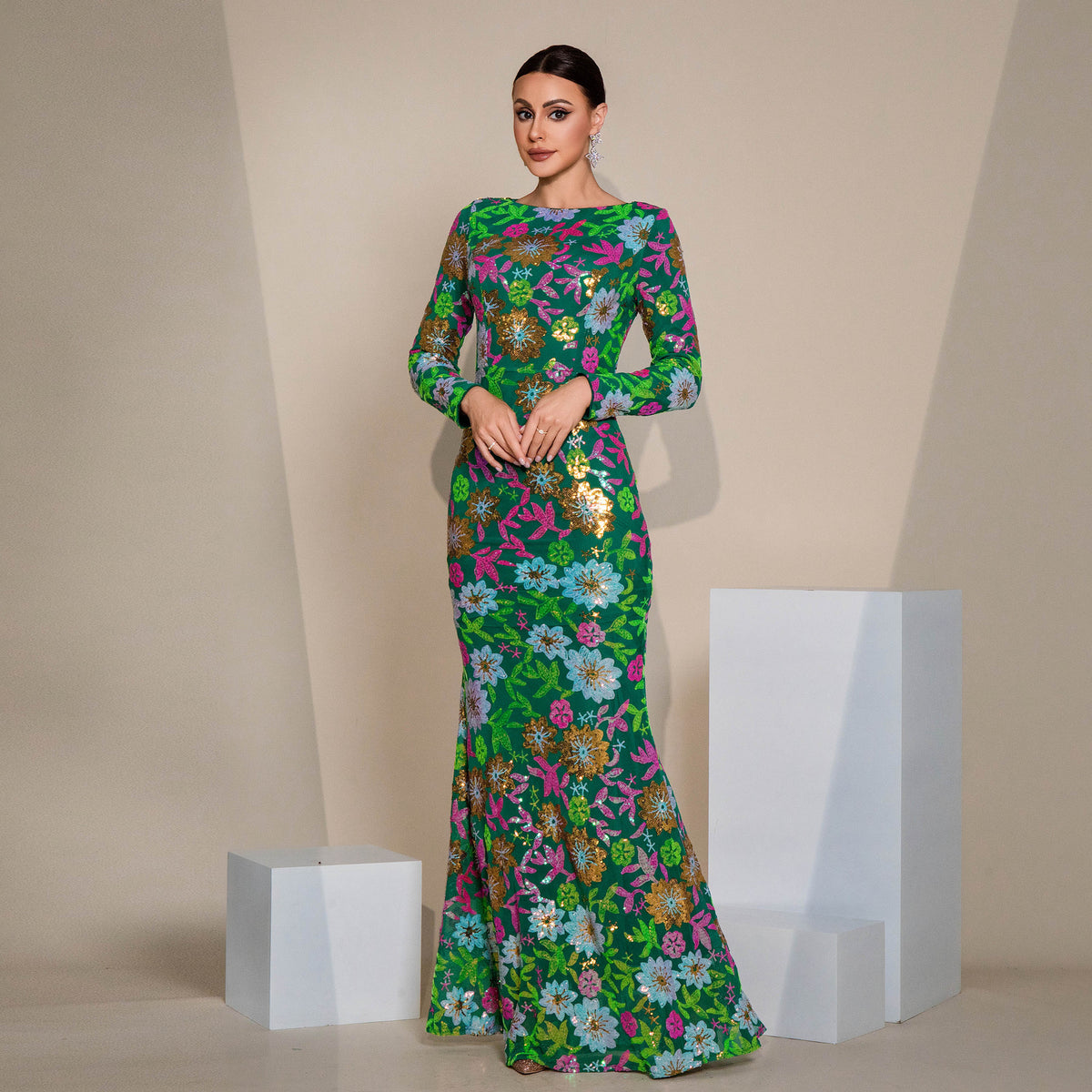 Elegant Sequin Long Sleeve Evening Dress