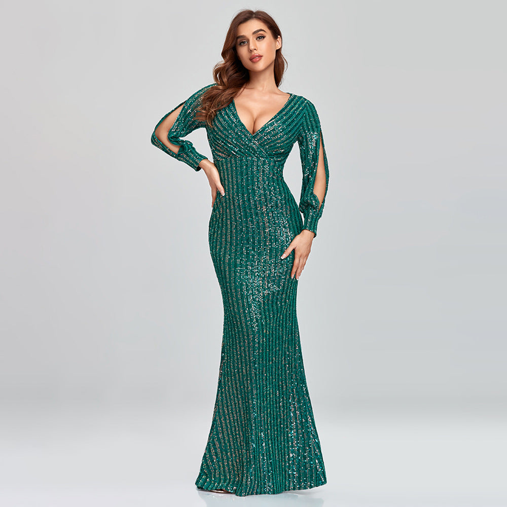 Long-sleeved V-neck sequined fishtail dress