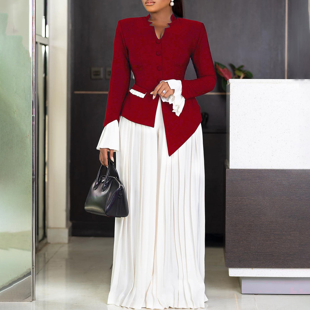 Elegant Flared Sleeve Top and Wide-Leg Pants Set