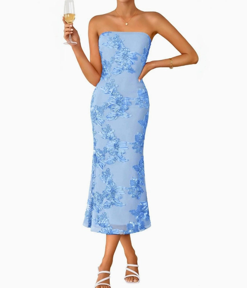 Womens Floral Strapless Midi Dress
