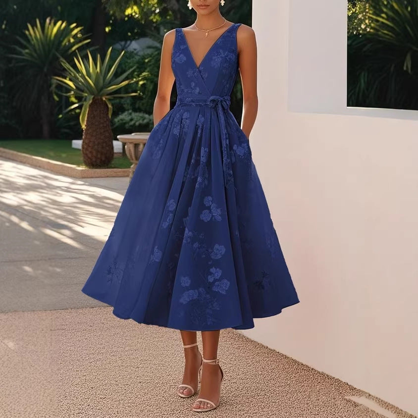 Sleeveless V-Neck Digital Print Evening Gown