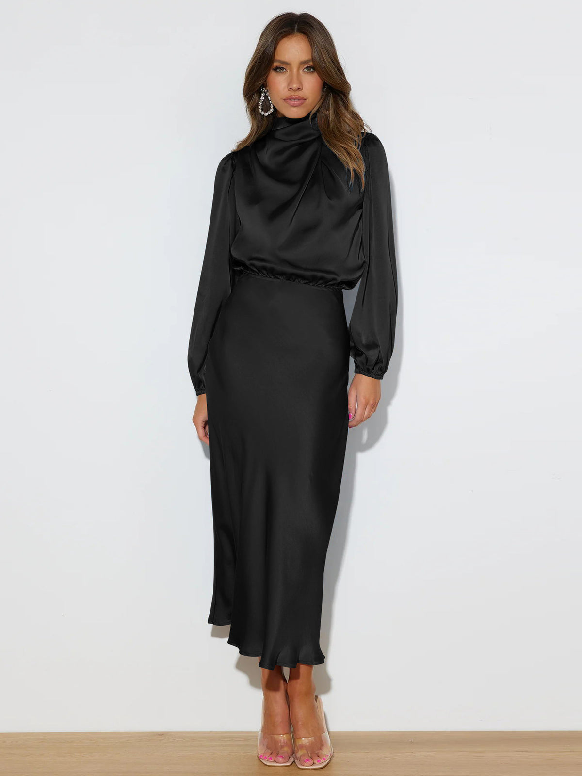 Satin long-sleeved loose dress