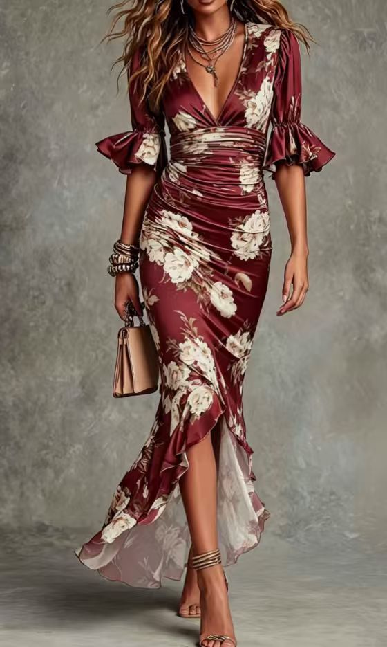 V-Neck Slim Fit Printed Dress