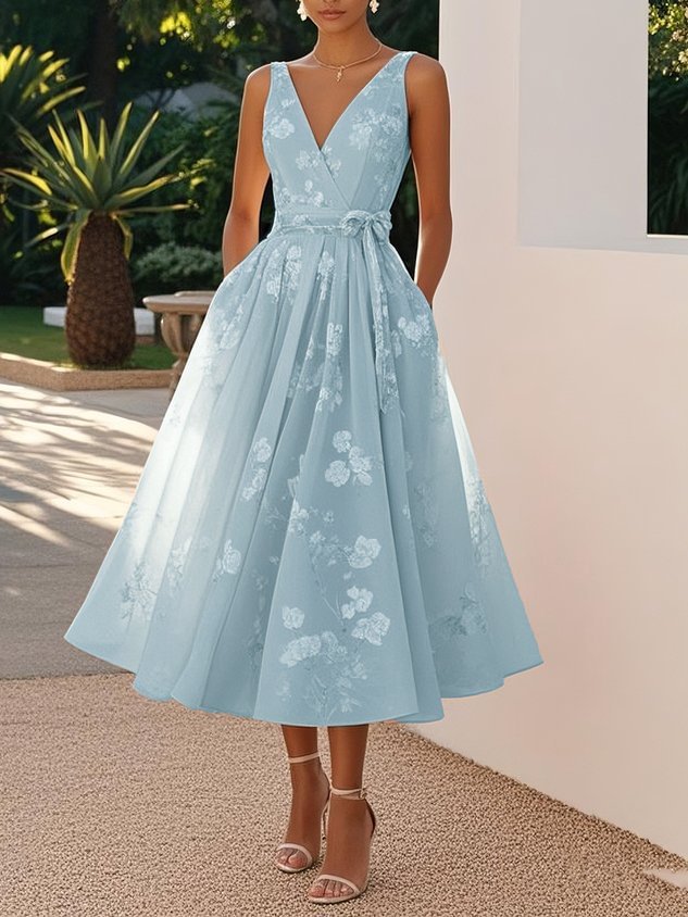 Sleeveless V-Neck Digital Print Evening Gown