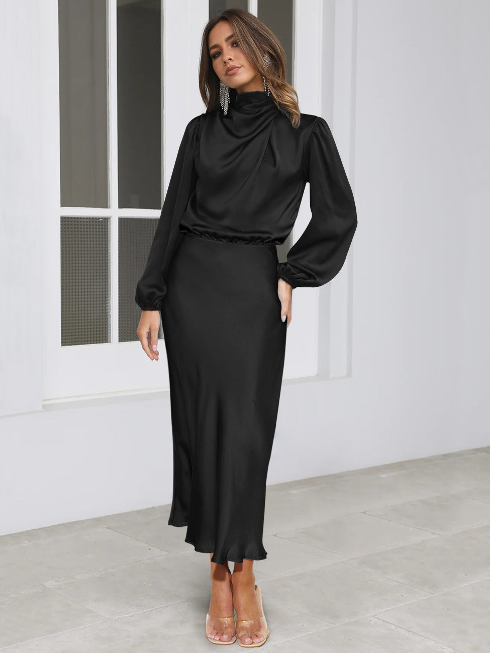 Satin long-sleeved loose dress