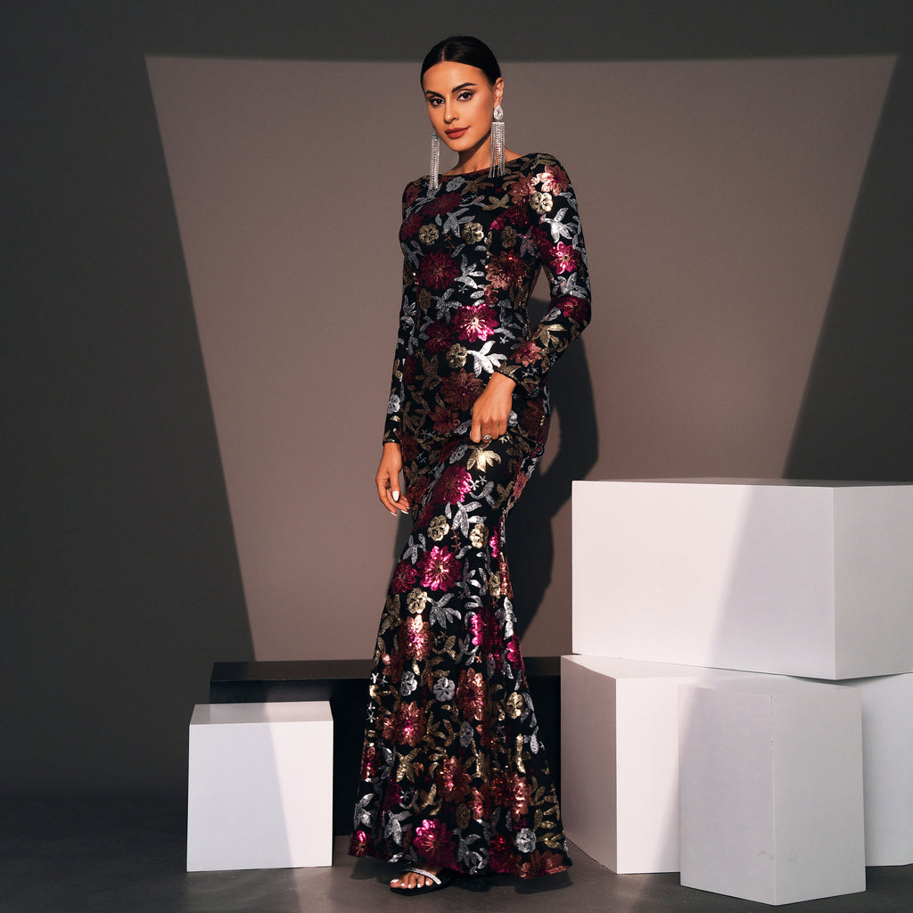 Elegant Sequin Long Sleeve Evening Dress