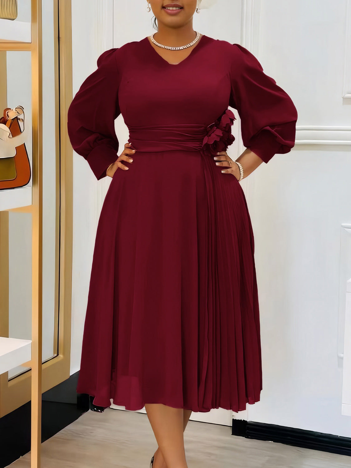 Elegant A-Line Midi Dress with Lantern Sleeves