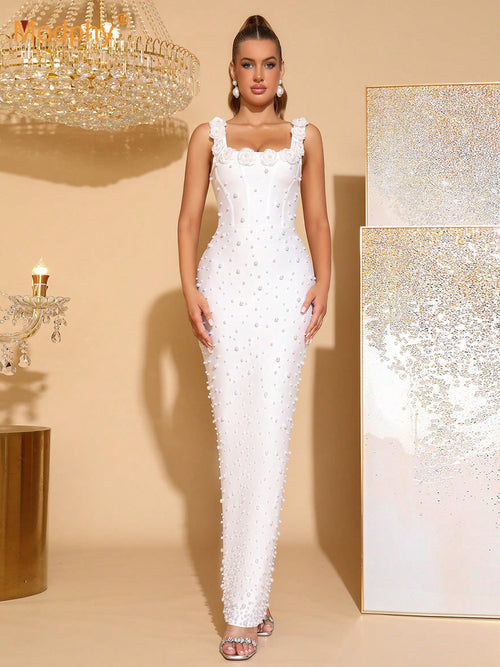 Beaded Spaghetti Strap Bodycon Long Dress