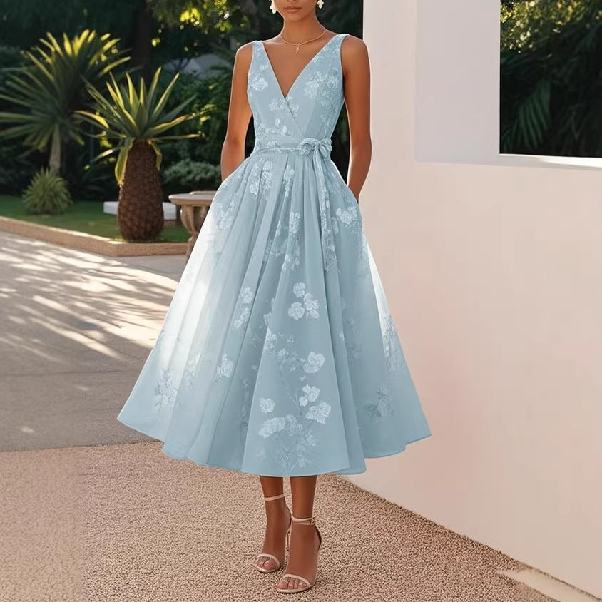Sleeveless V-Neck Digital Print Evening Gown