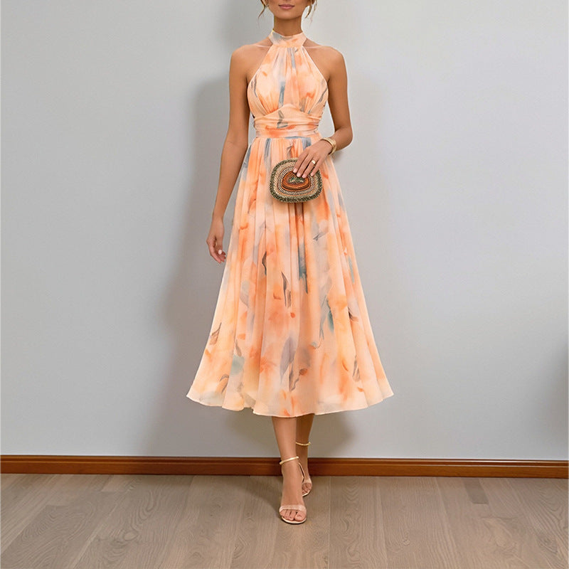 Women Elegant Print Halter Neck Waist-Cinching Dress