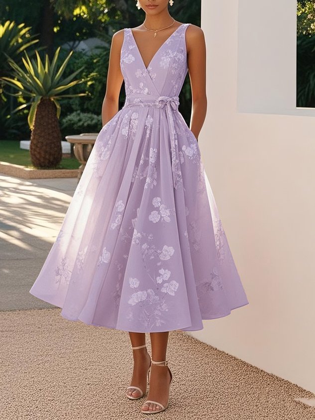 Sleeveless V-Neck Digital Print Evening Gown