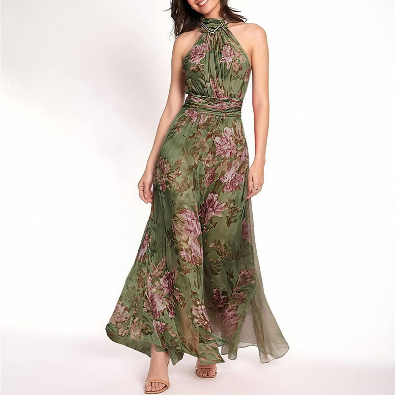 Women Elegant Print Halter Neck Waist-Cinching Dress