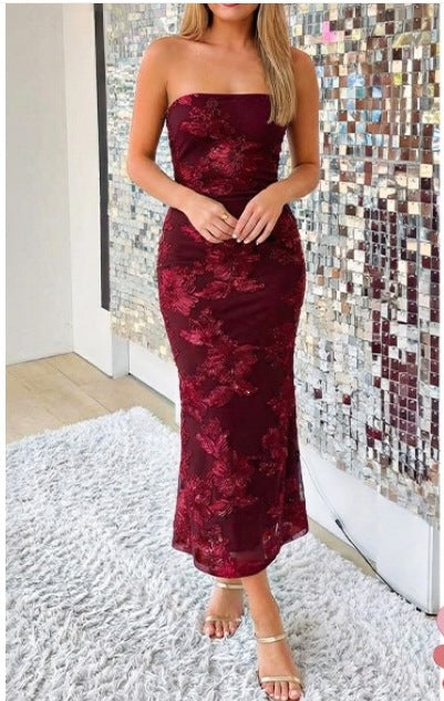 Womens Floral Strapless Midi Dress