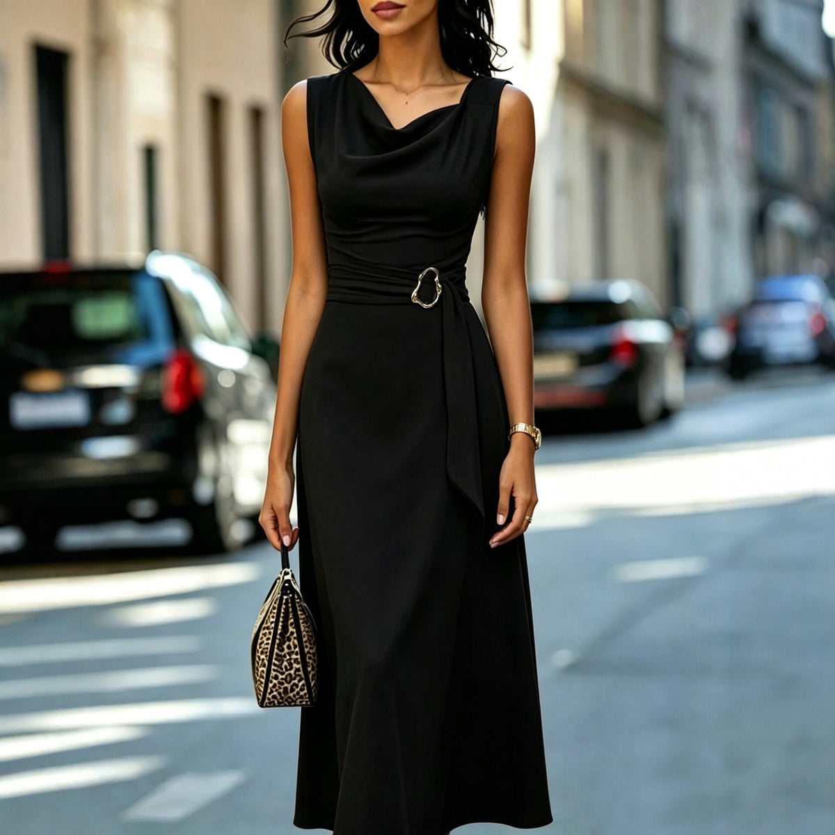 Elegant Asymmetrical Tie-Waist A-Line Dress