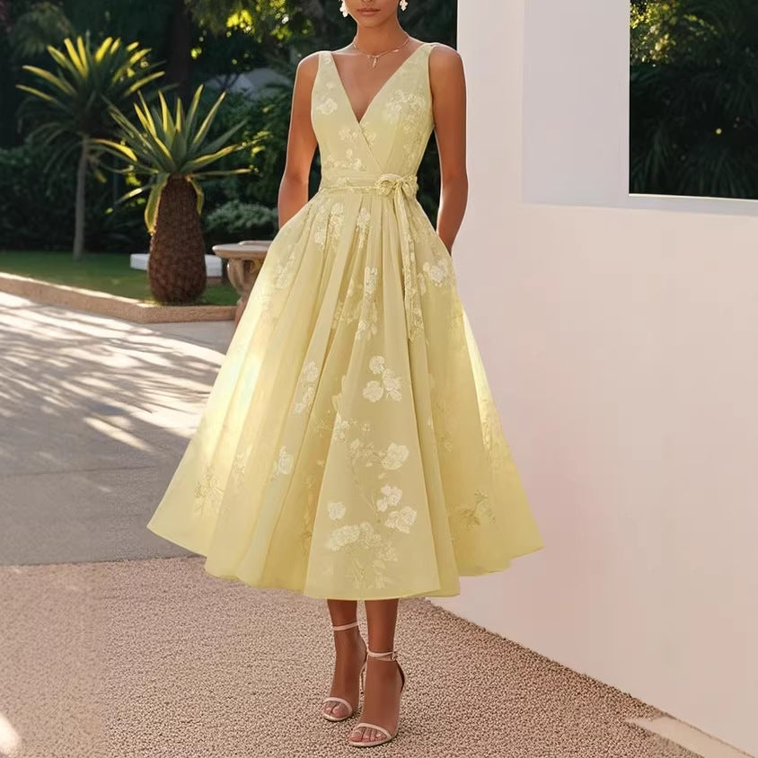 Sleeveless V-Neck Digital Print Evening Gown