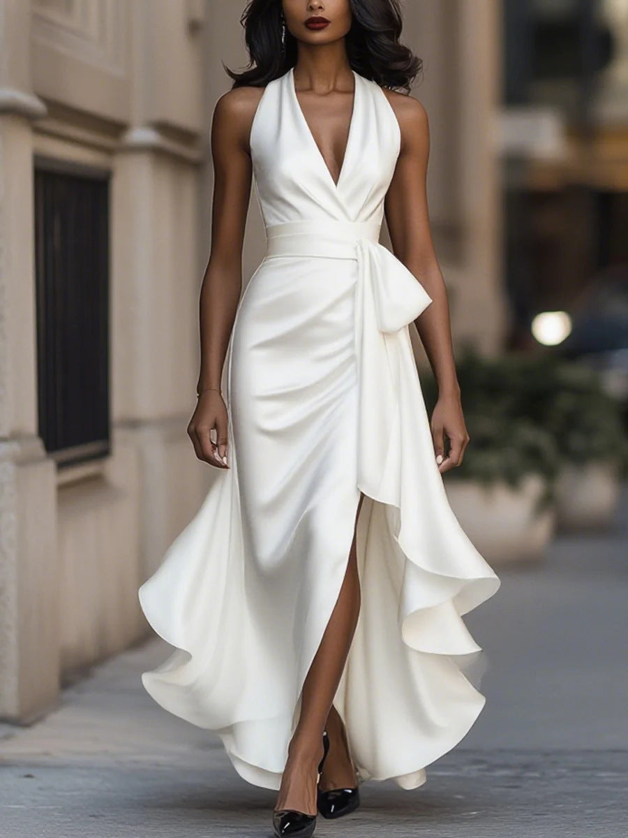 Satin V Neck Sleeveless Ruffled Dress