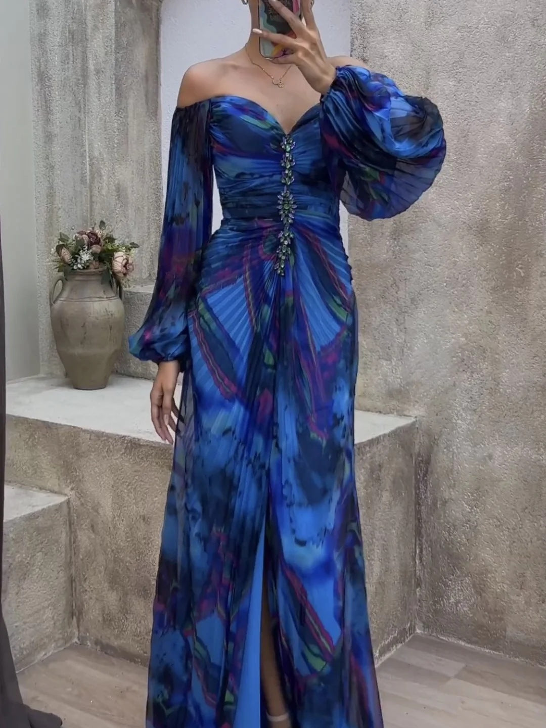 Women Pleated Long Sleeve V-Neck Dress