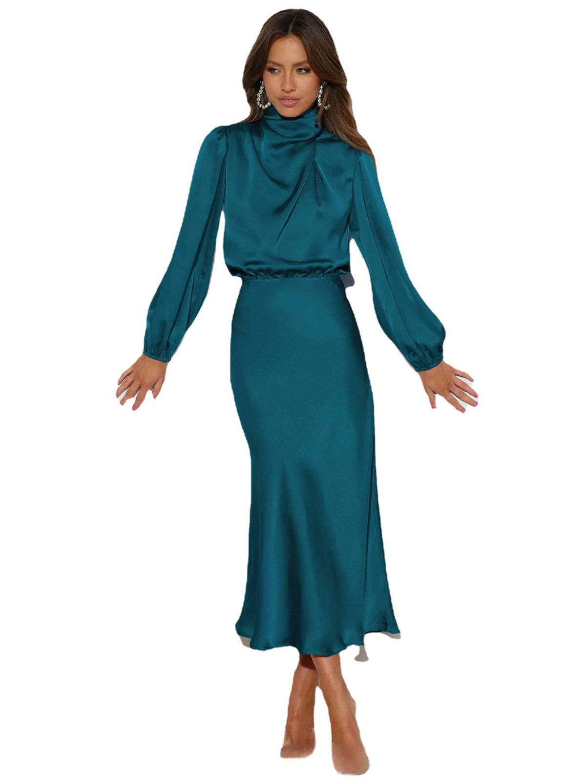 Satin long-sleeved loose dress