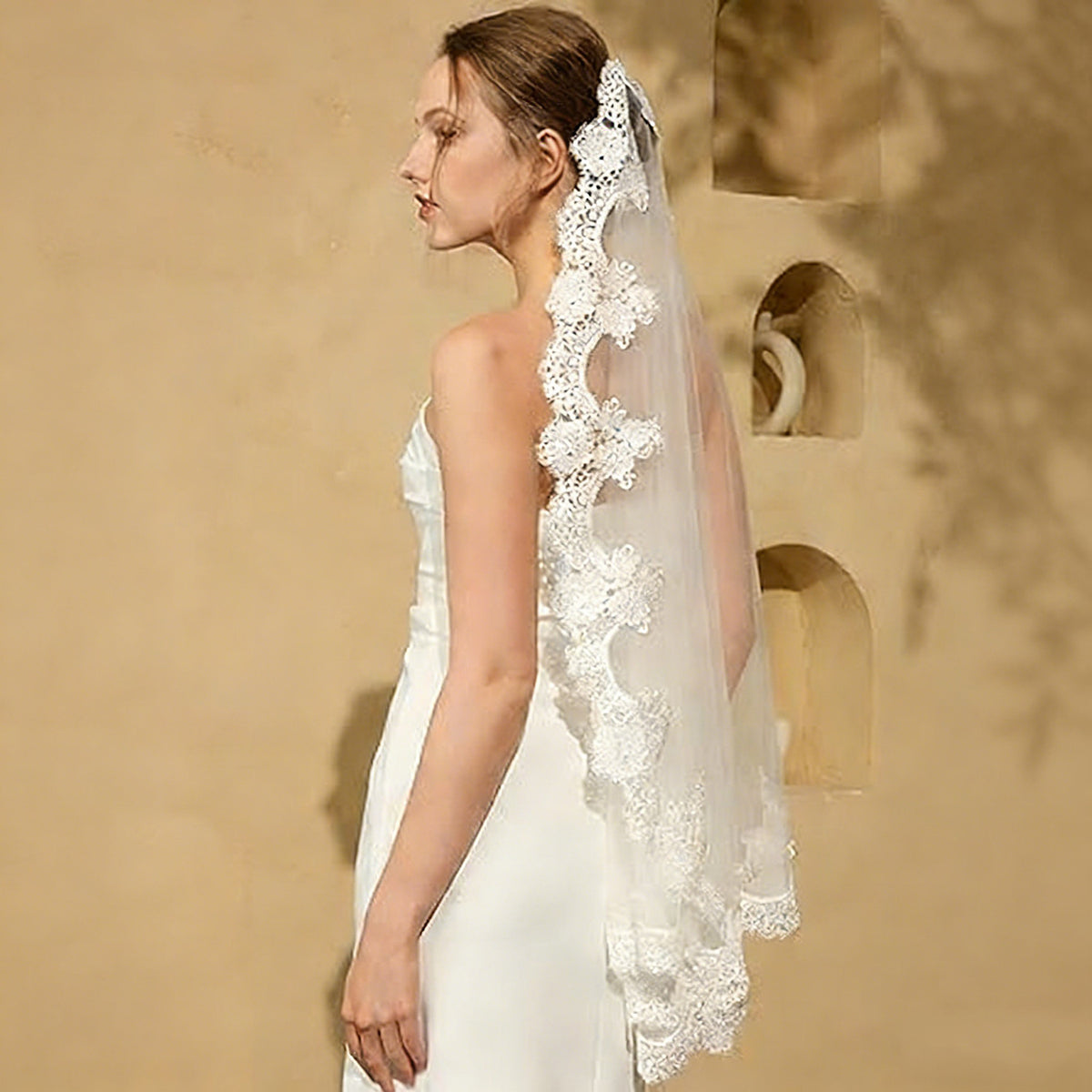 Long Single Layer Bridal Veil with Lace Trim