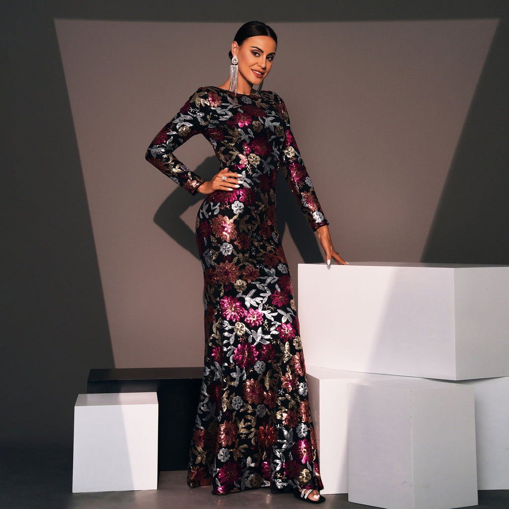 Elegant Sequin Long Sleeve Evening Dress