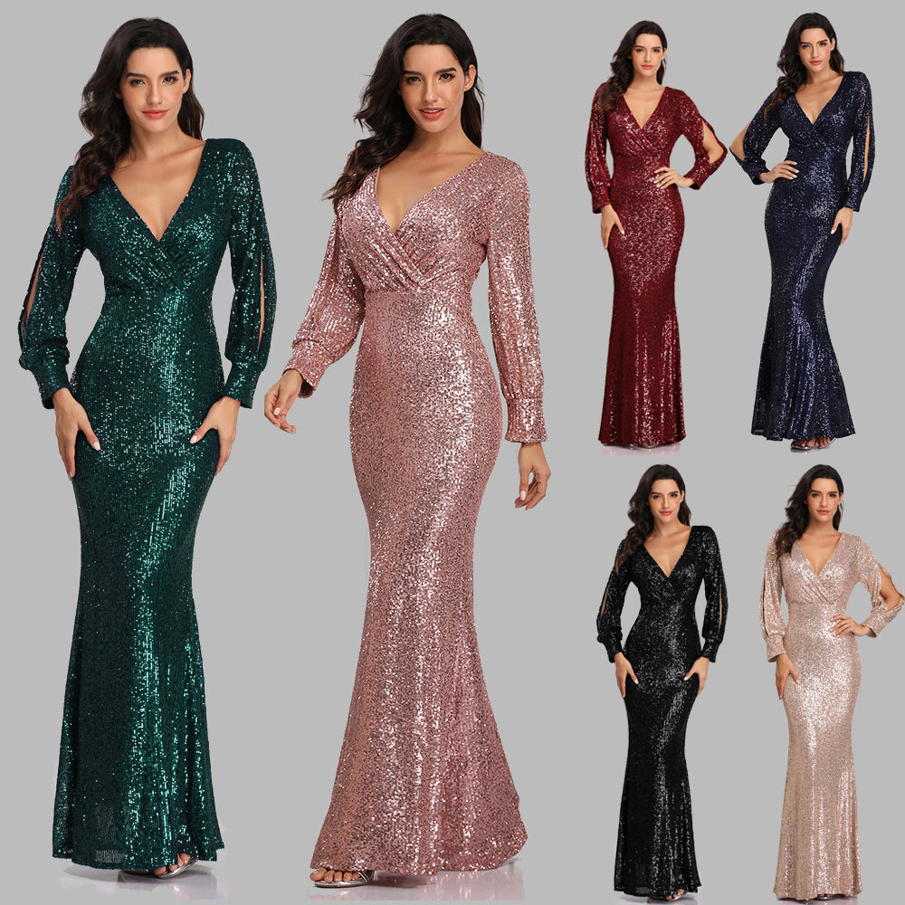 Long-sleeved V-neck sequined fishtail dress