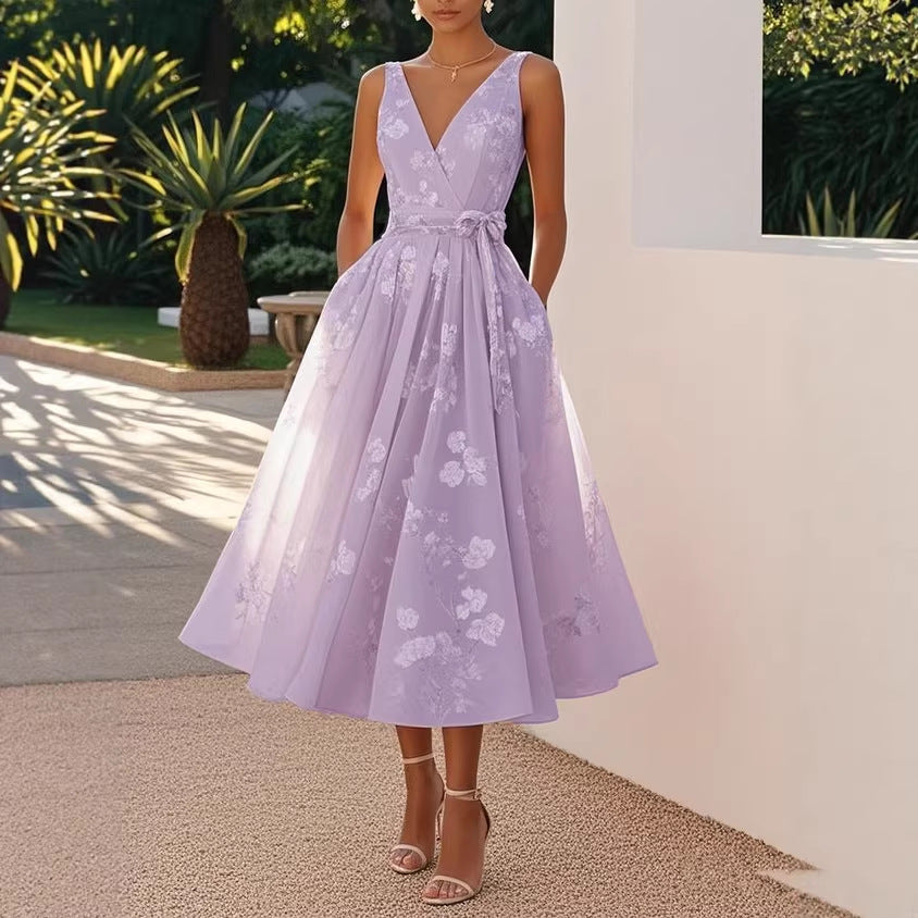 Sleeveless V-Neck Digital Print Evening Gown