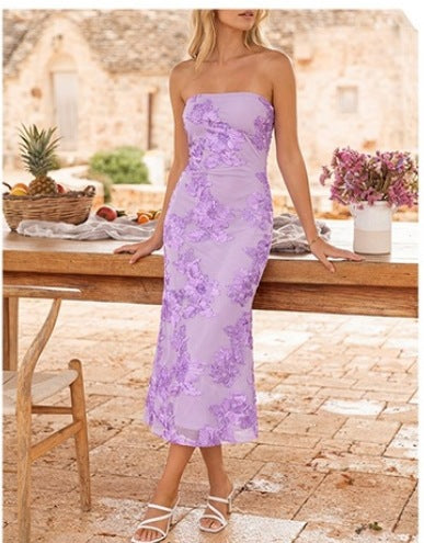 Womens Floral Strapless Midi Dress