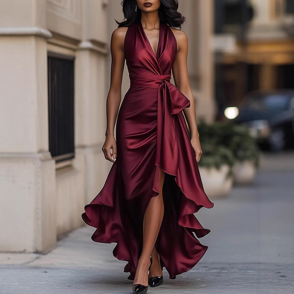 Satin V Neck Sleeveless Ruffled Dress