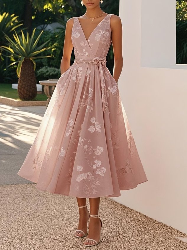 Sleeveless V-Neck Digital Print Evening Gown