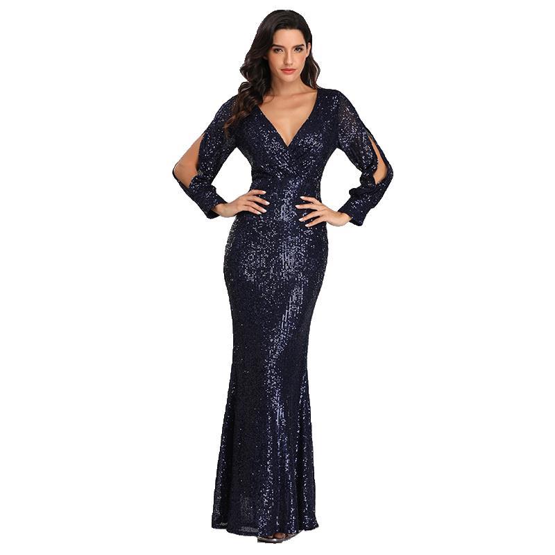 Long-sleeved V-neck sequined fishtail dress