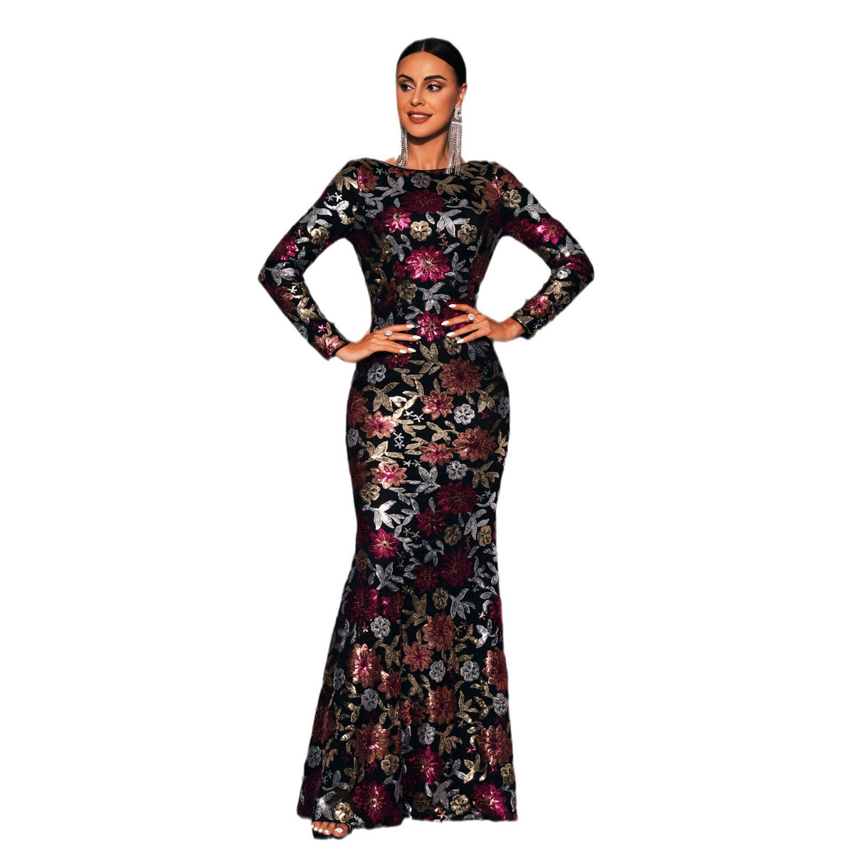 Elegant Sequin Long Sleeve Evening Dress