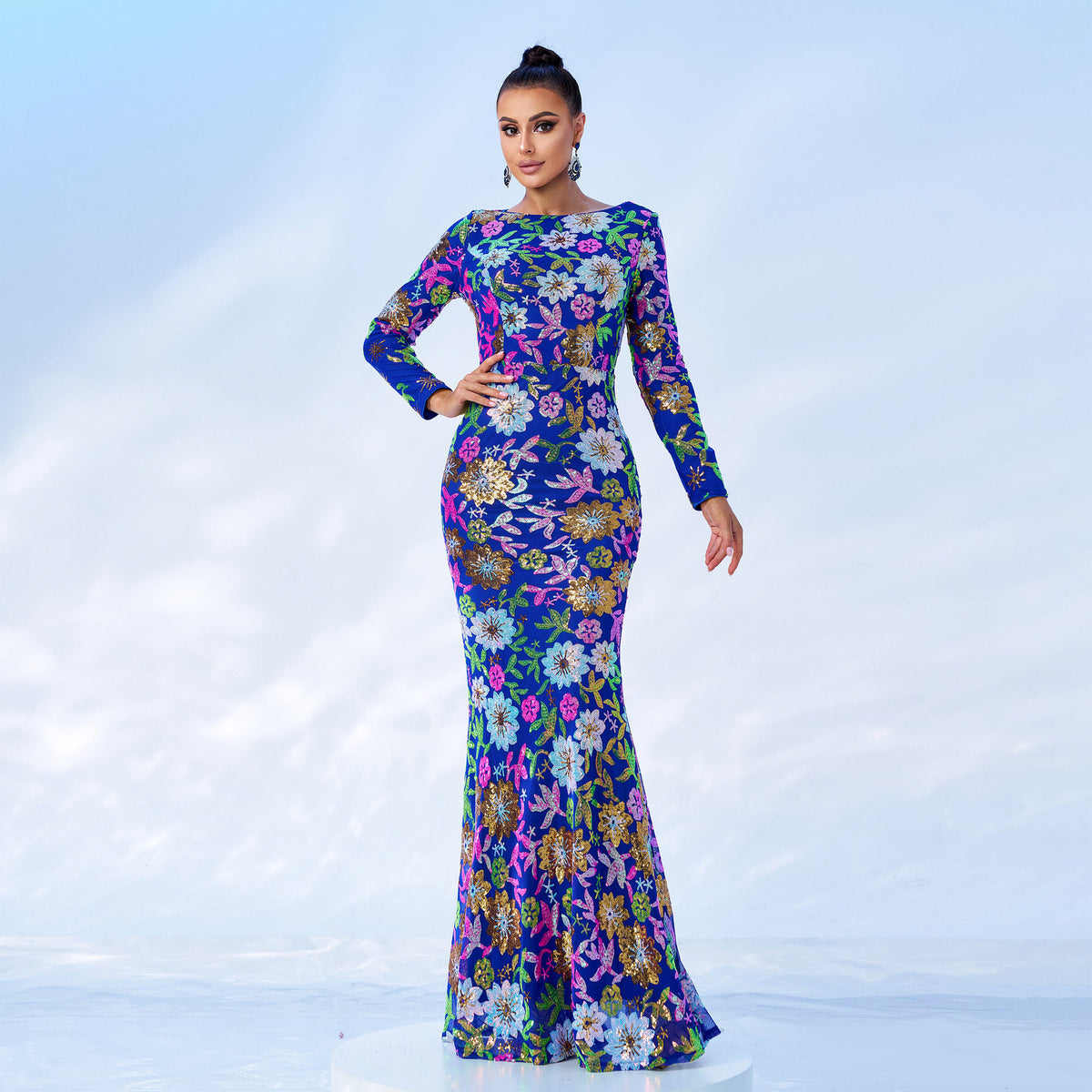 Elegant Sequin Long Sleeve Evening Dress