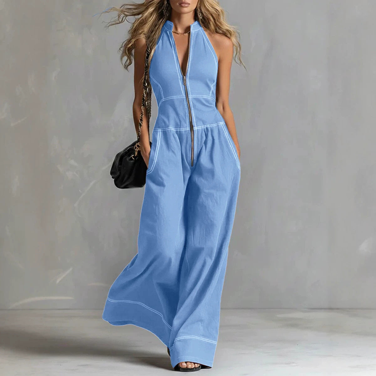 Womens Stand Collar Sleeveless Loose Pants
