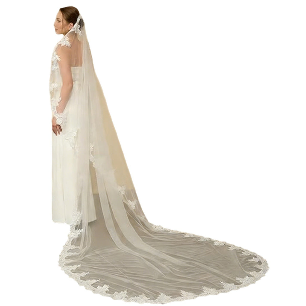 Long Single Layer Bridal Veil with Lace Trim