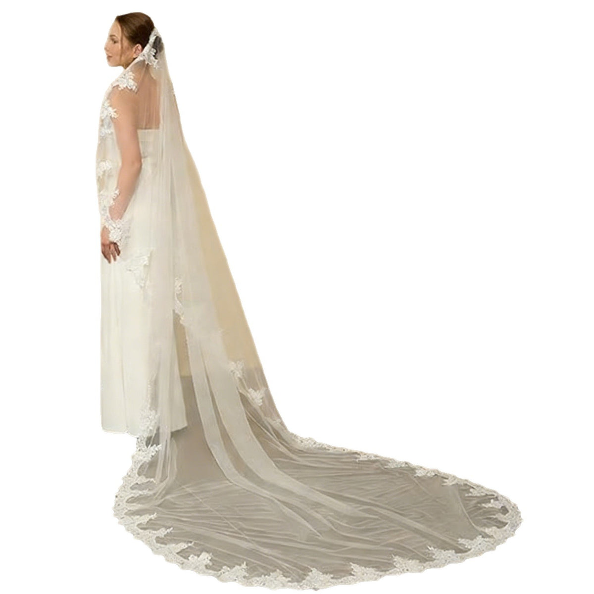 Long Single Layer Bridal Veil with Lace Trim