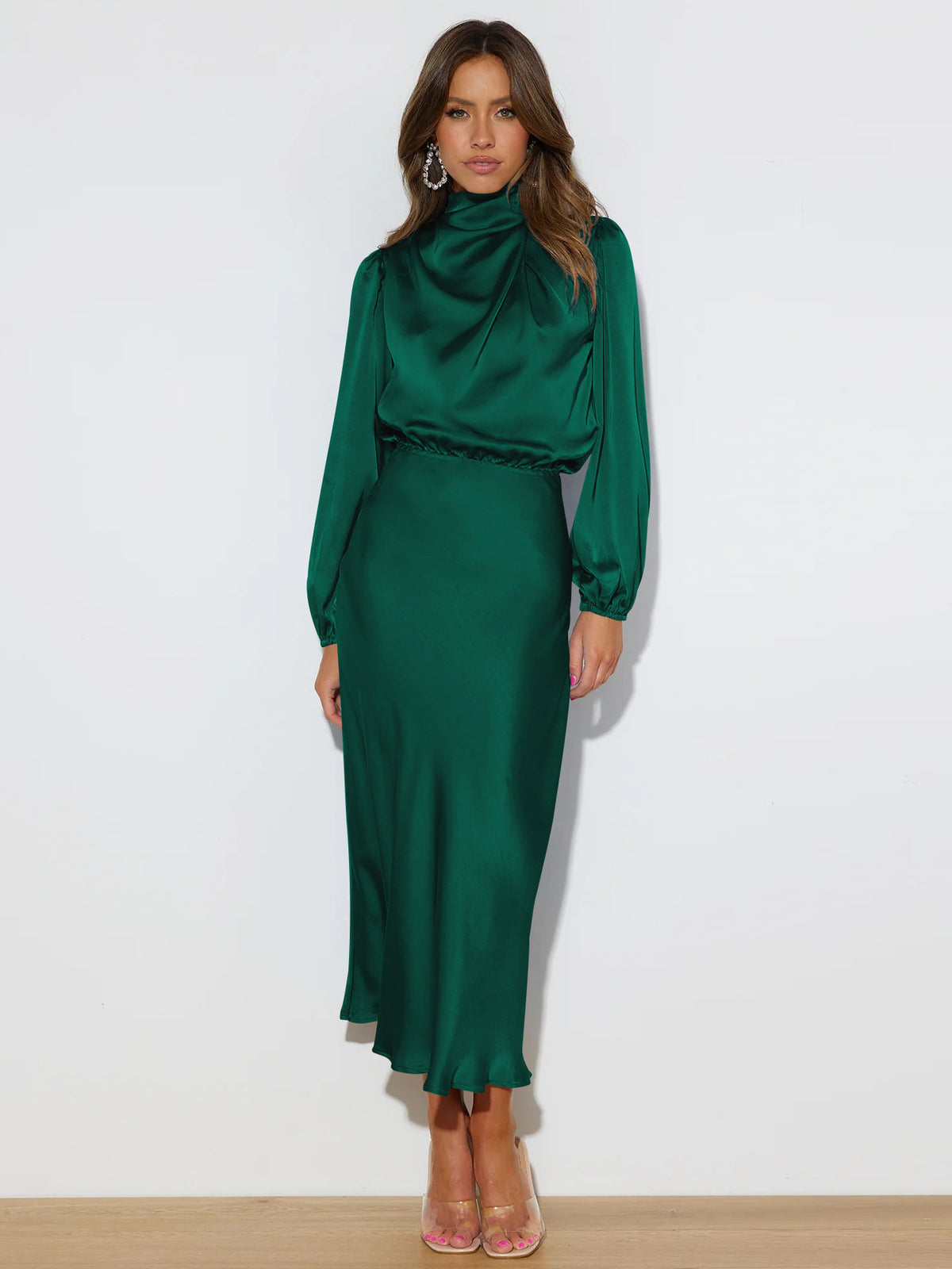 Satin long-sleeved loose dress