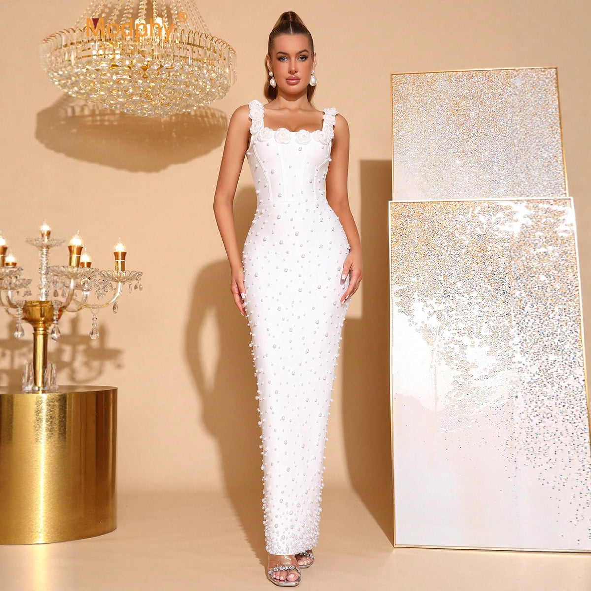 Beaded Spaghetti Strap Bodycon Long Dress