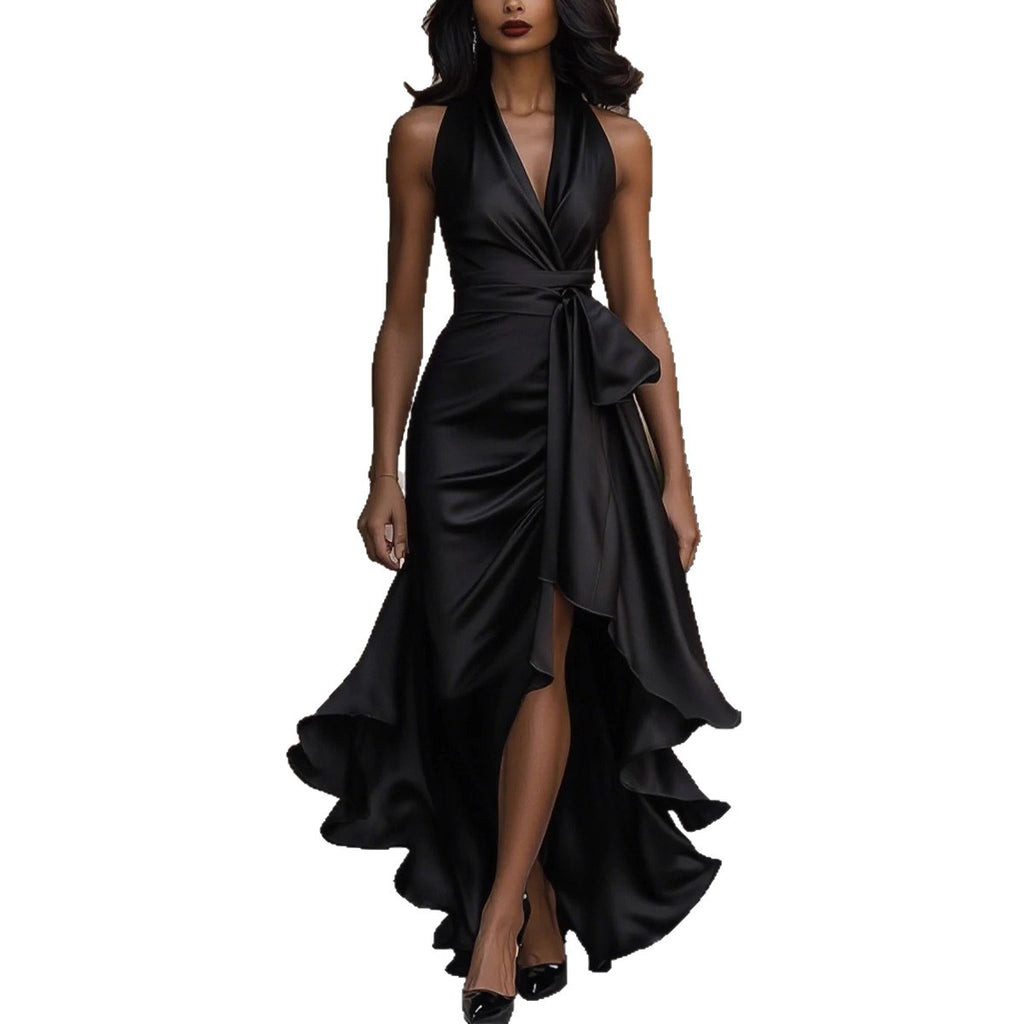 Satin V Neck Sleeveless Ruffled Dress