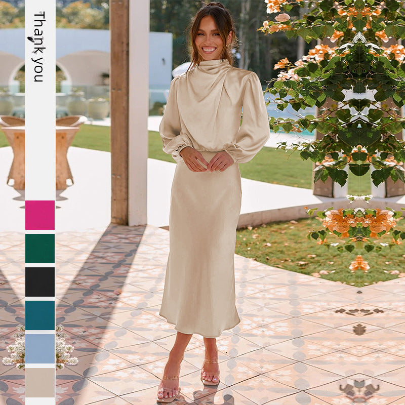 Satin long-sleeved loose dress
