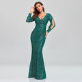 Long-sleeved V-neck sequined fishtail dress
